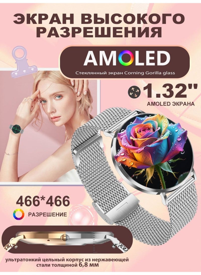 ساعة ذكية للرجال والنساء، شاشة AMOLED HD لمس كامل 1.32 بوصة، هيكل معدني رفيع للغاية - Image 2