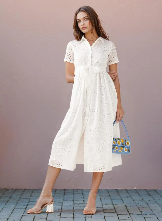 2Xtremz 2Xtremz Schiffli Textured Shirt Dress with Collar and Short Sleeves