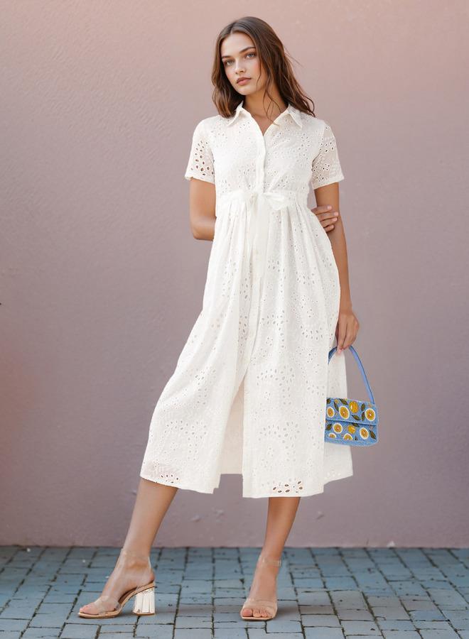 2Xtremz Schiffli Textured Shirt Dress with Collar and Short Sleeves - Image 2