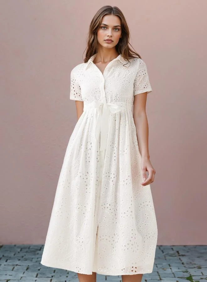 2Xtremz 2Xtremz Schiffli Textured Shirt Dress with Collar and Short Sleeves
