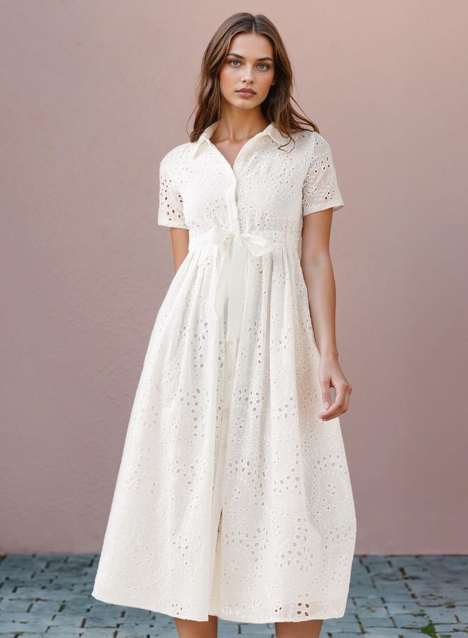 2Xtremz Schiffli Textured Shirt Dress with Collar and Short Sleeves - Image 1