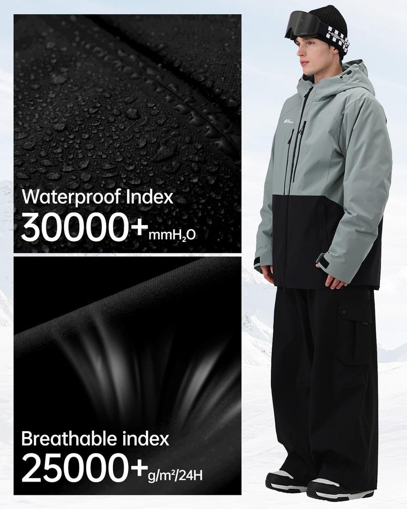 HIGH EXPERIENCE Mens Ski Jacket Snowboard 3L Coat Baggy Waterproof Windproof Warm Insulated Snow Winter Hooded (US, Alpha, Large, Regular, Regular, Green Mountain Black) - Image 4