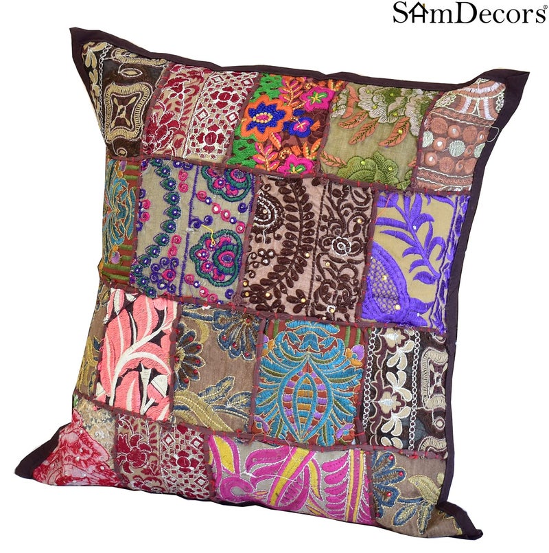 SamDecors 17x17 Cotton Patchwork Khambadiya Square CushionPillow Designer Cover Brown Only Cover Without Any Filling - Image 4