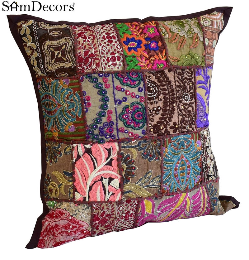 SamDecors 17x17 Cotton Patchwork Khambadiya Square CushionPillow Designer Cover Brown Only Cover Without Any Filling - Image 3