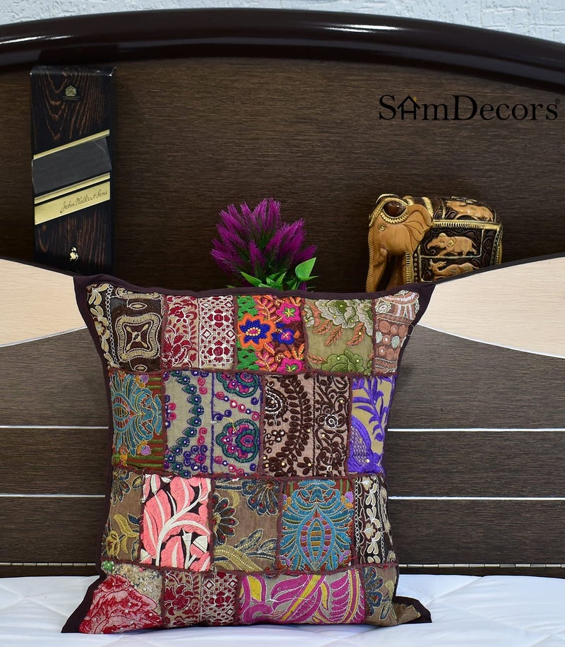 SamDecors 17x17 Cotton Patchwork Khambadiya Square CushionPillow Designer Cover Brown Only Cover Without Any Filling - Image 2