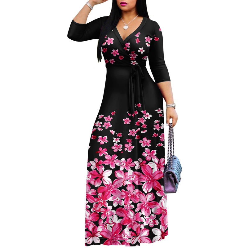 FANDEE Plus Size Maxi Dress for Women Casual Summer Sundress V-Neck 3/4 Sleeve(Broken Flowers,X-Large) - Image 2