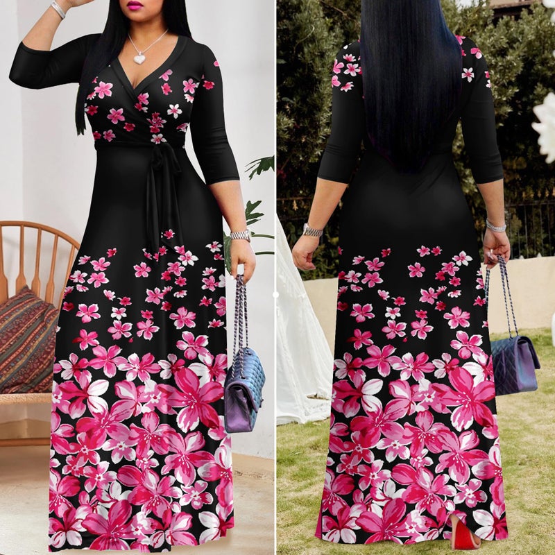 FANDEE Plus Size Maxi Dress for Women Casual Summer Sundress V-Neck 3/4 Sleeve(Broken Flowers,X-Large) - Image 4