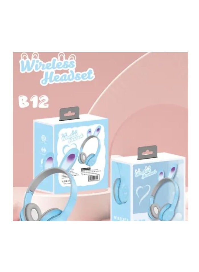 Rabbit Ear Headphone B12 New Wireless Cute Bluetooth Earphone With LED Light  light blue  - Image 3