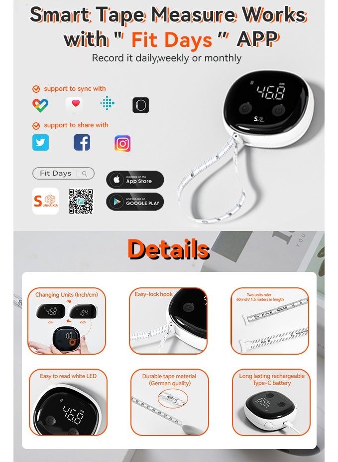WELLAND Smart Digital Body Tape Measure | Bluetooth Fitdays APP | LED Display | Type-C Rechargeable | Accurate Body Measurement | Multi-User Support - Image 4