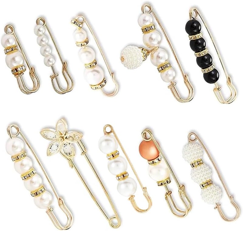 ZELLYA 10 Pieces Fashion Pearl Brooch, Sweater Shawl Clip, Muslim Scarf Hijab Pins, Dress Pin Clip, Waist Fixed Pins, Hat Shawl Accessories Decorations - Image 1
