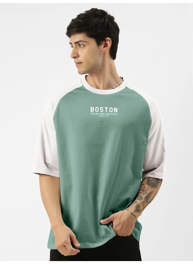 مانياك Maniac Men Printed Round Neck Raglan Half Sleeve BerlyGreen Cotton Oversized T-Shirt