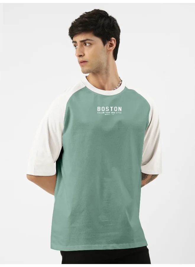 مانياك Maniac Men Printed Round Neck Raglan Half Sleeve BerlyGreen Cotton Oversized T-Shirt