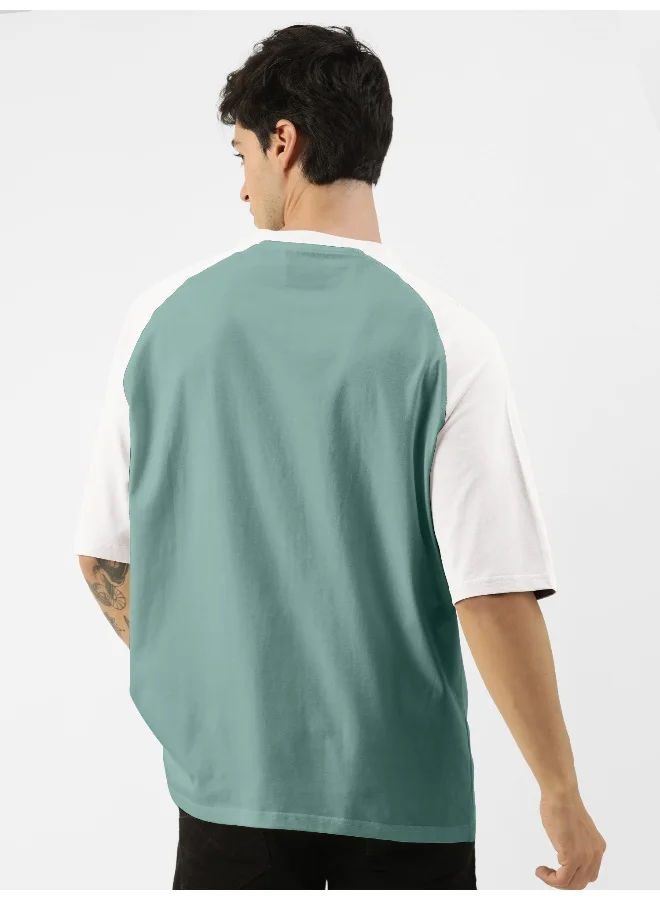 مانياك Maniac Men Printed Round Neck Raglan Half Sleeve BerlyGreen Cotton Oversized T-Shirt