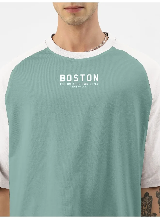 مانياك Maniac Men Printed Round Neck Raglan Half Sleeve BerlyGreen Cotton Oversized T-Shirt