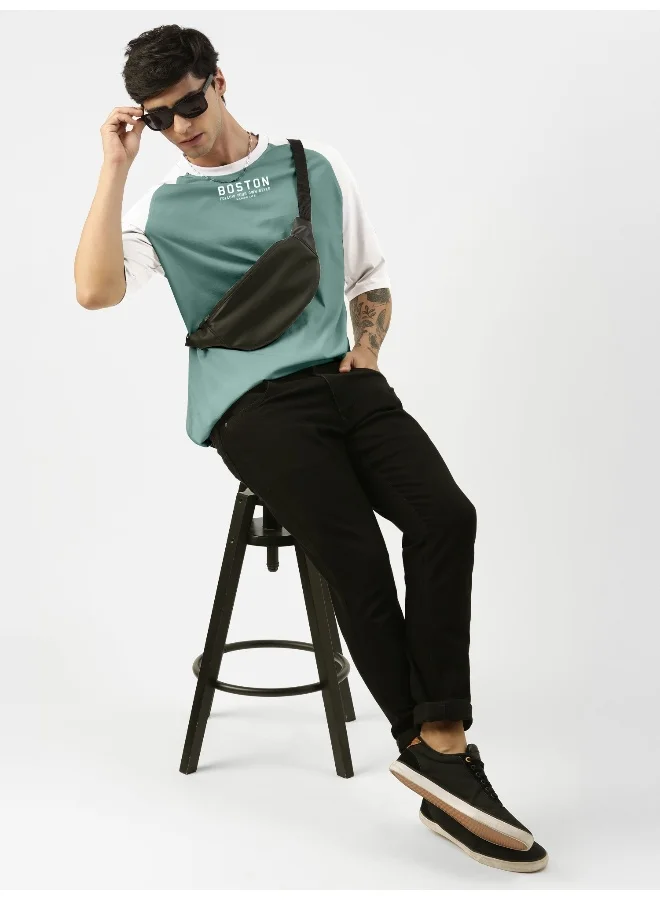 مانياك Maniac Men Printed Round Neck Raglan Half Sleeve BerlyGreen Cotton Oversized T-Shirt