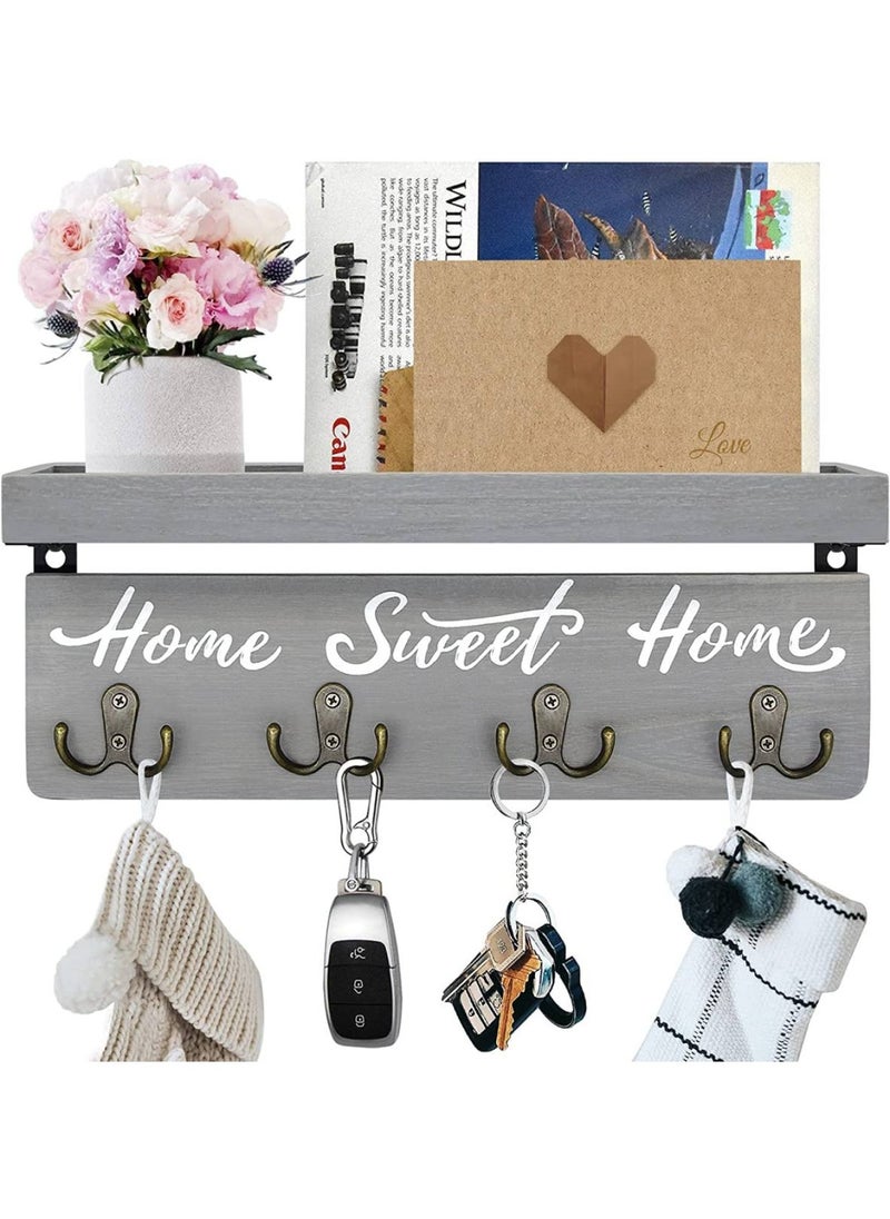 BPA - Wall-Mounted Key and Mail Holder Wooden Key Rack with 4 Double Key Hooks Home Decor for Gray - Image 1