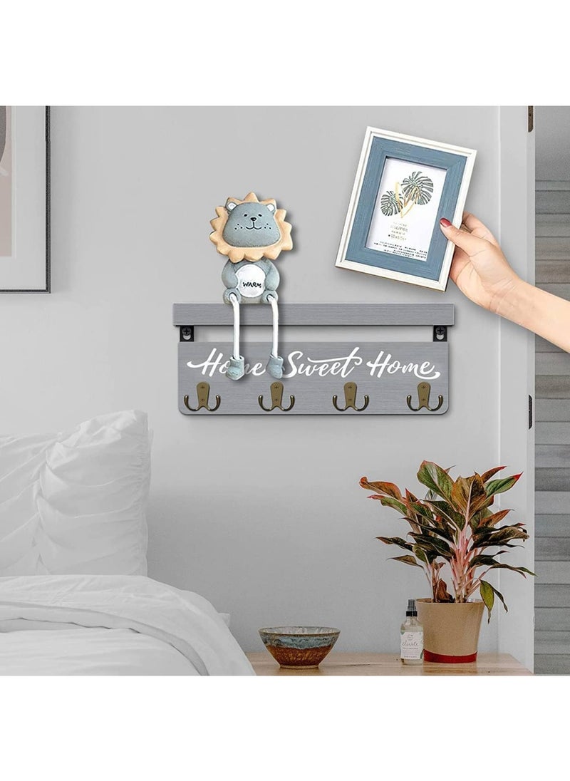 BPA - Wall-Mounted Key and Mail Holder Wooden Key Rack with 4 Double Key Hooks Home Decor for Gray - Image 1