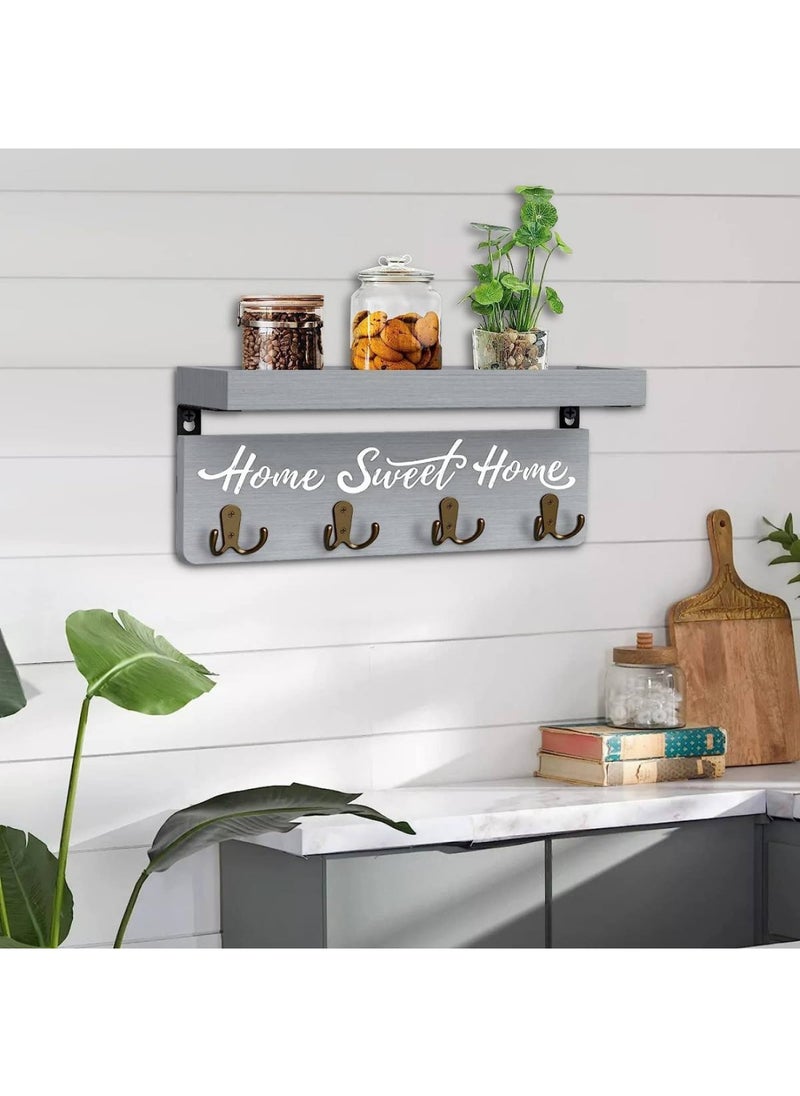 BPA - Wall-Mounted Key and Mail Holder Wooden Key Rack with 4 Double Key Hooks Home Decor for Gray - Image 1