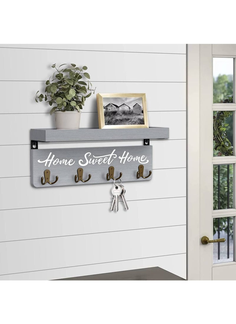 BPA - Wall-Mounted Key and Mail Holder Wooden Key Rack with 4 Double Key Hooks Home Decor for Gray - Image 1