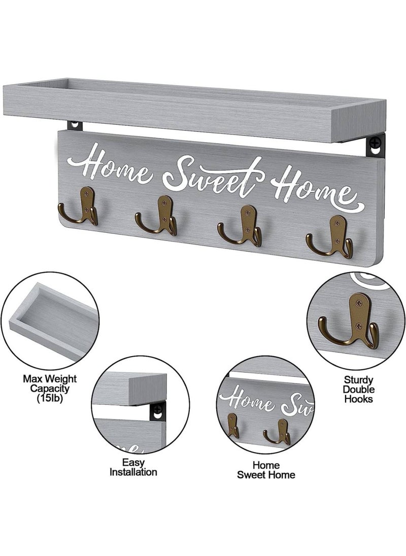 BPA - Wall-Mounted Key and Mail Holder Wooden Key Rack with 4 Double Key Hooks Home Decor for Gray - Image 1