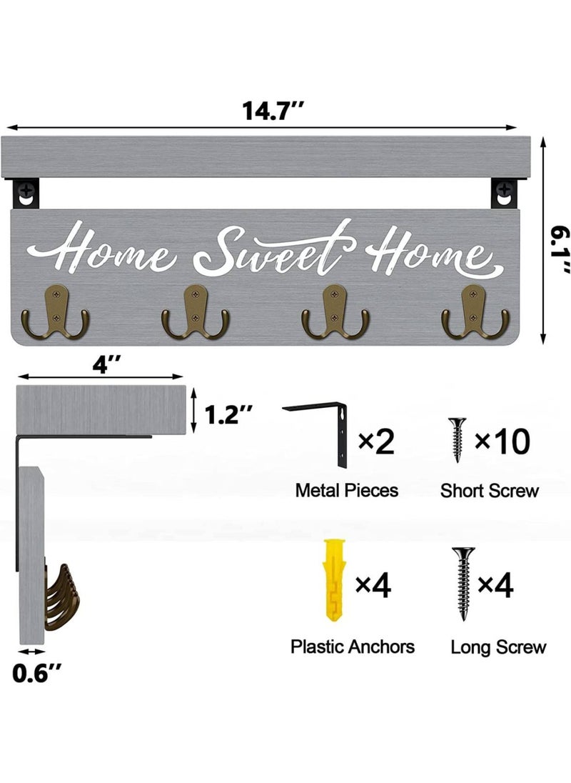 BPA - Wall-Mounted Key and Mail Holder Wooden Key Rack with 4 Double Key Hooks Home Decor for Gray - Image 1