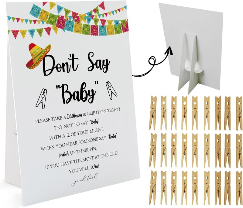 GNATV Fiesta Dont Say Baby Game 1 Sign And 50 Mini Natural Clothespins Dont Say Baby Baby Shower Game Baby Shower Decorations Baby Shower Games Gender Neutral Mexican Baby Shower DS20 - Image 1