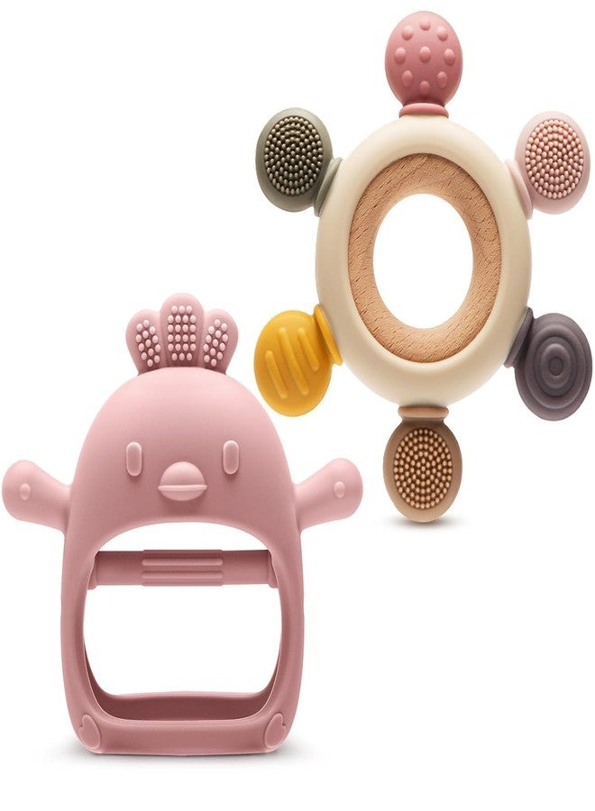 SADRUCHI Silicone & Wooden Baby Teether for 3+ Months, BPA-Free Food Grade Teething Toy with Wooden Ring, Soft Gum Soothing Chew Toy for Infants, Newborn Babies Boys & Girls (Ring +Teeher Pink) - Image 1