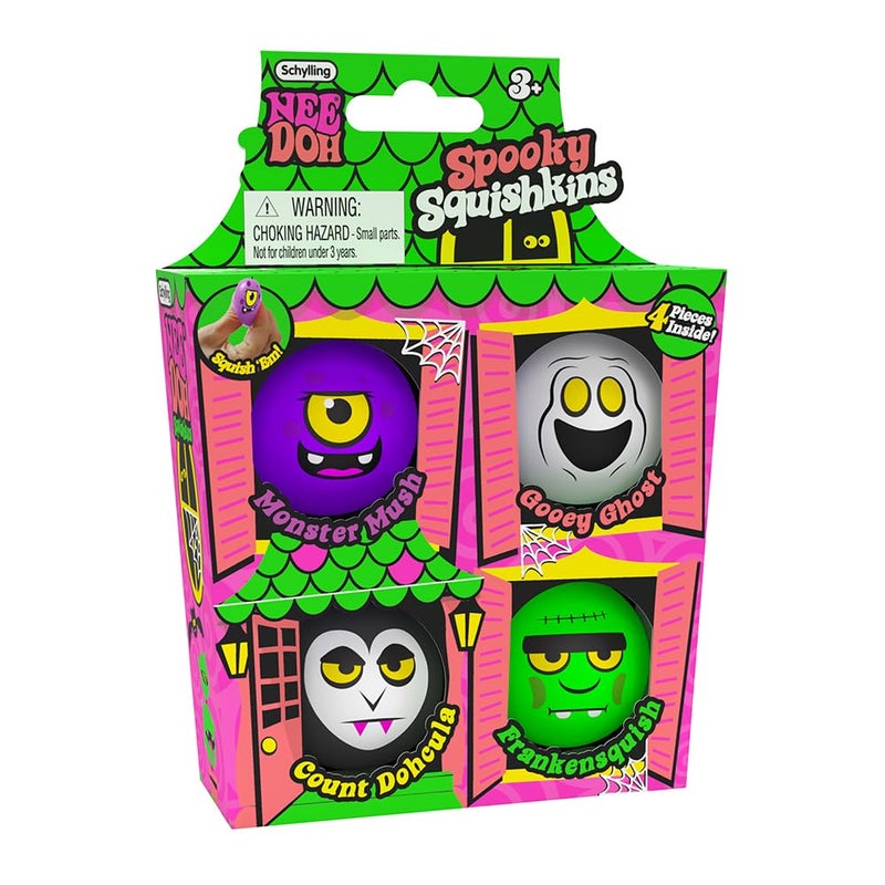 Schelling Needoh Squishkins Haunted House - Toy Halloween Squeeze - تحتوي على 4 كرات مروعة مصغرة - 1.25 "" عريض - متعدد الألوان