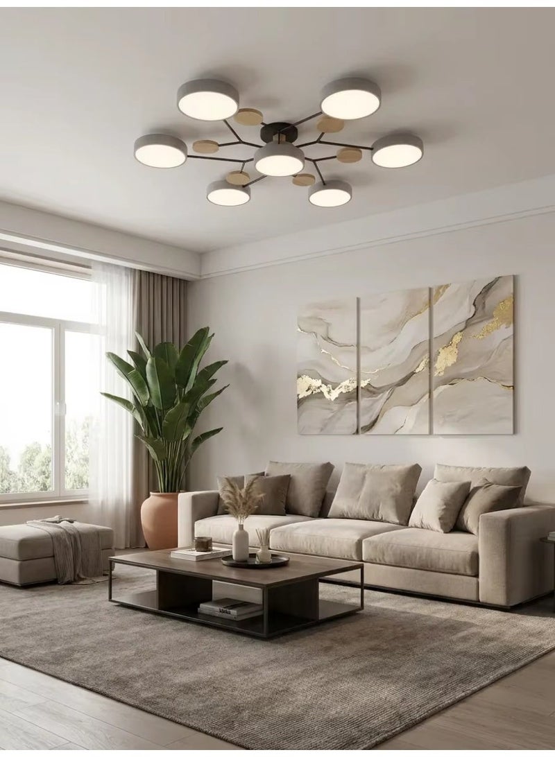 SageLiving Modern Wood & Grey 6+1 Heads LED Ceiling Light - 84W Tricolor Dimmable | 111cm Large Flush Mount Lamp for Living Room, Bedroom & Dining Room - Image 1