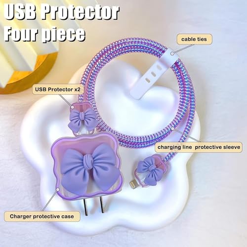 INEFABLE Charger Case Cover Protector with 3D Cute Pattern for iPhone Charger only 18W & 20W, Data Charging Cable Wire Saver Protective Cable Cover Full Protection - Set Of 1 (Purple Bow) - Image 2