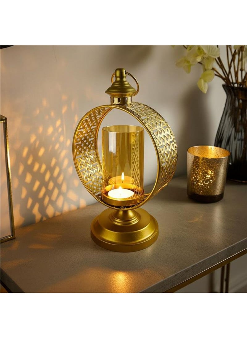 DANUBE HOME Impressions Metal Single Cutwork Candle Holder with Amber Glass – Elegant Decorative Candle Stand, Perfect for Ambient Lighting, Home Decor & Stylish Table Centerpieces L23 X W16 X H38Cm Gold - Image 1