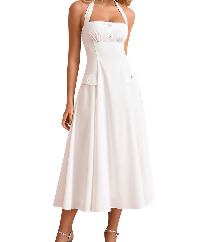 GLNEGE Floral Halter Corset Midi Dresses Summer Flowy Wedding Guest Dress A Line Bow Tea Party Sundress for Women White - Image 1