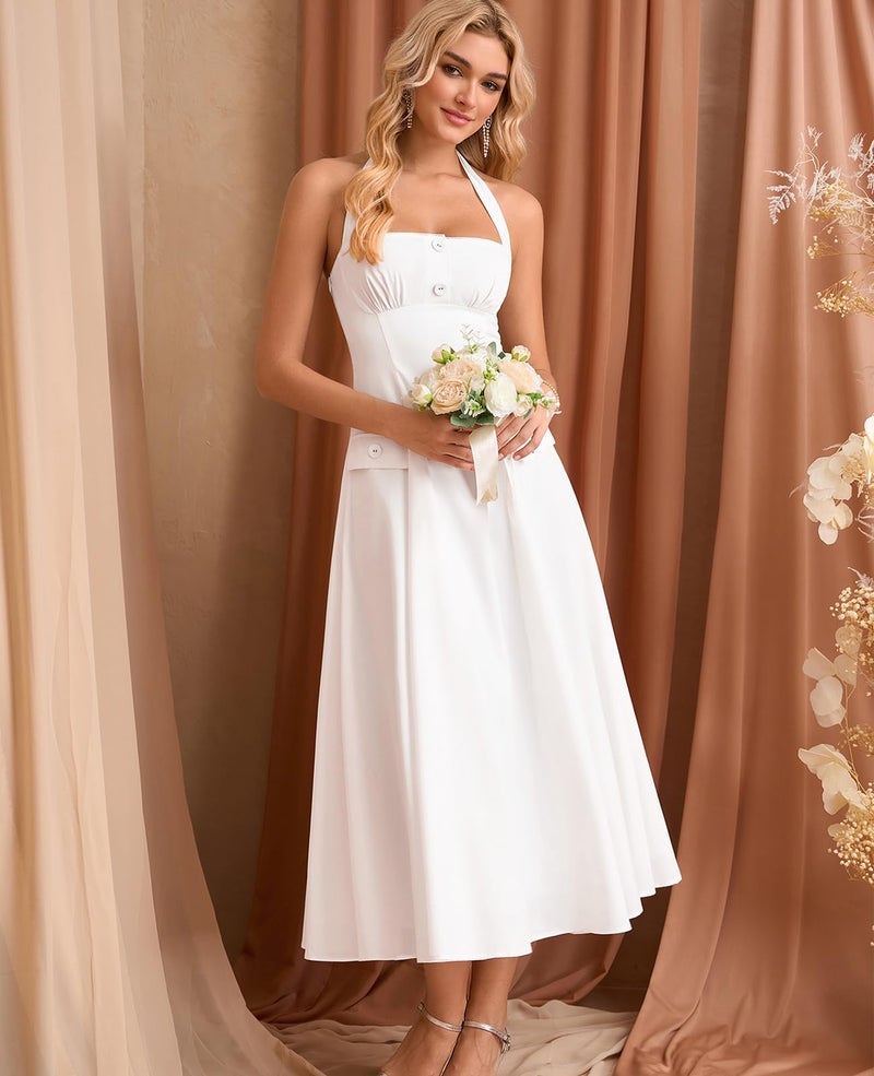GLNEGE Floral Halter Corset Midi Dresses Summer Flowy Wedding Guest Dress A Line Bow Tea Party Sundress for Women White - Image 2