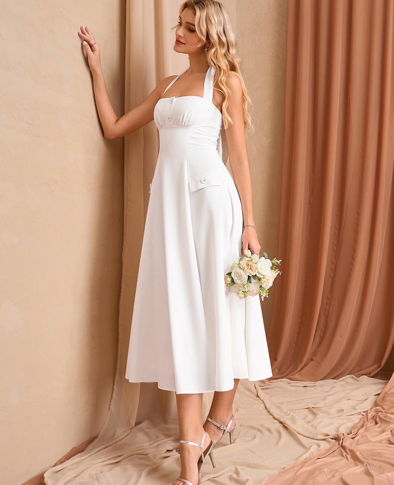 GLNEGE Floral Halter Corset Midi Dresses Summer Flowy Wedding Guest Dress A Line Bow Tea Party Sundress for Women White - Image 5