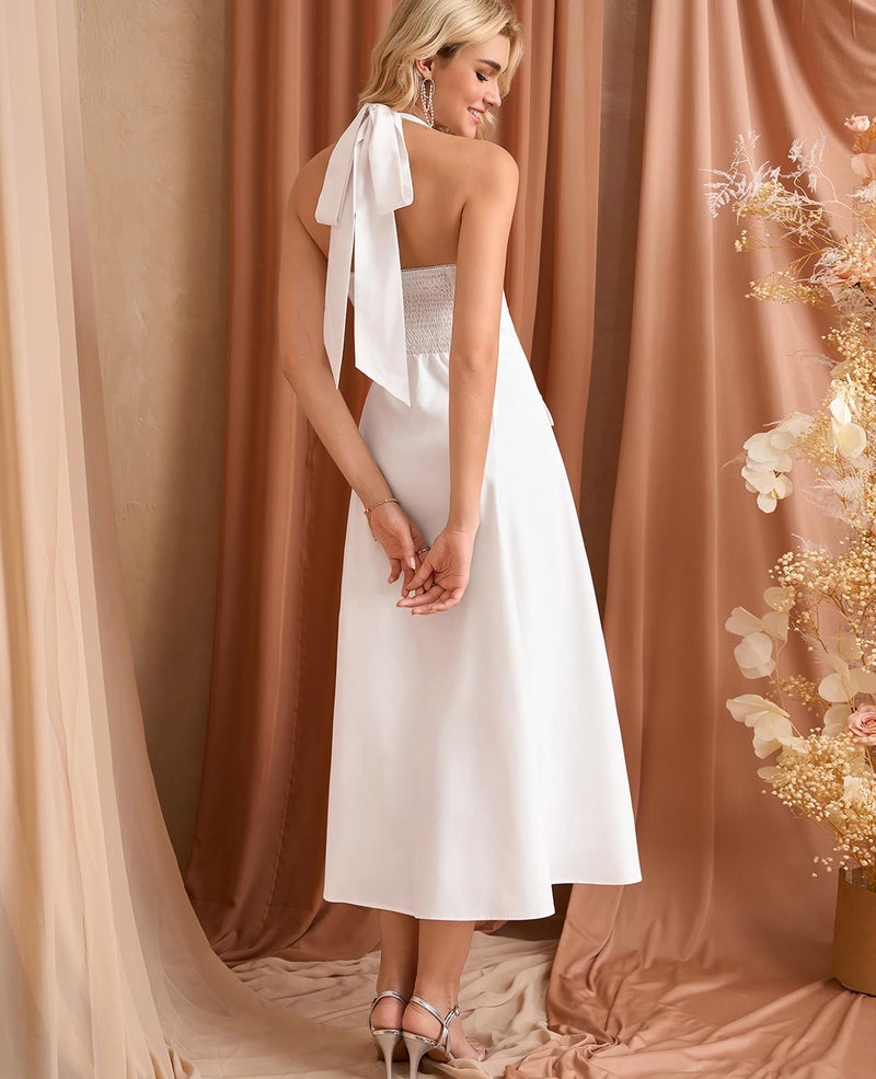 GLNEGE Floral Halter Corset Midi Dresses Summer Flowy Wedding Guest Dress A Line Bow Tea Party Sundress for Women White - Image 3