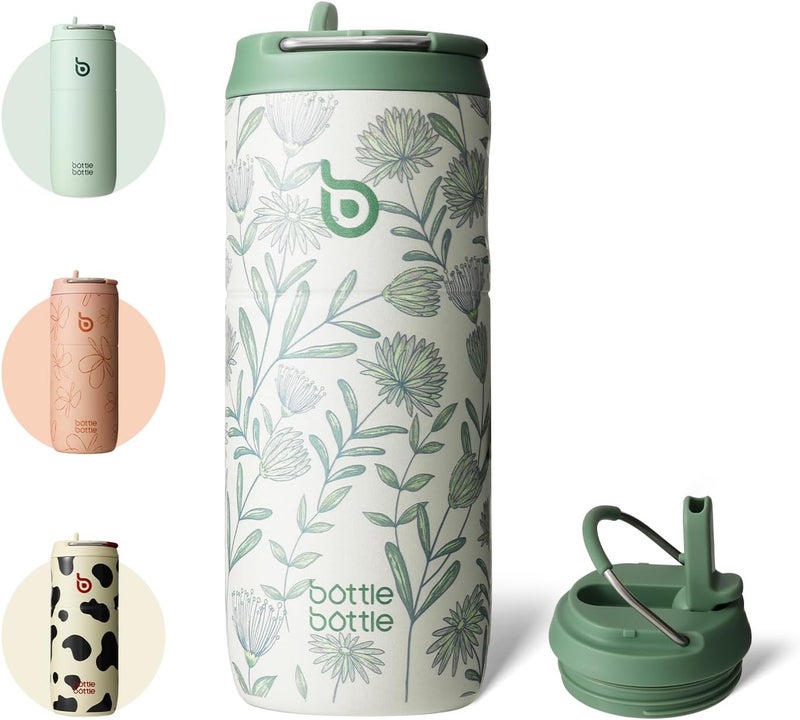 BOTTLE BOTTLE Stainless Steel Bottle with Straw 500ml - Leakproof Sports Water Bottle - BPA Free (Flowers) - Image 1