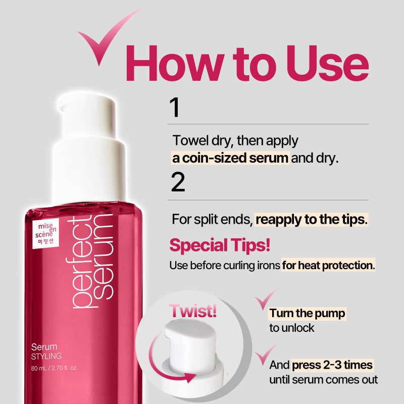 Mise En Scène Mise En Scene Perfect Serum Styling - Heat Damage Protection Oil for All Hair Types | Holding Bounce & Heat Protectant | Hair Essence for Long Lasting Curl | Argan Oil | Powdery Scent. 2.70 Fl. Oz. - Image 2