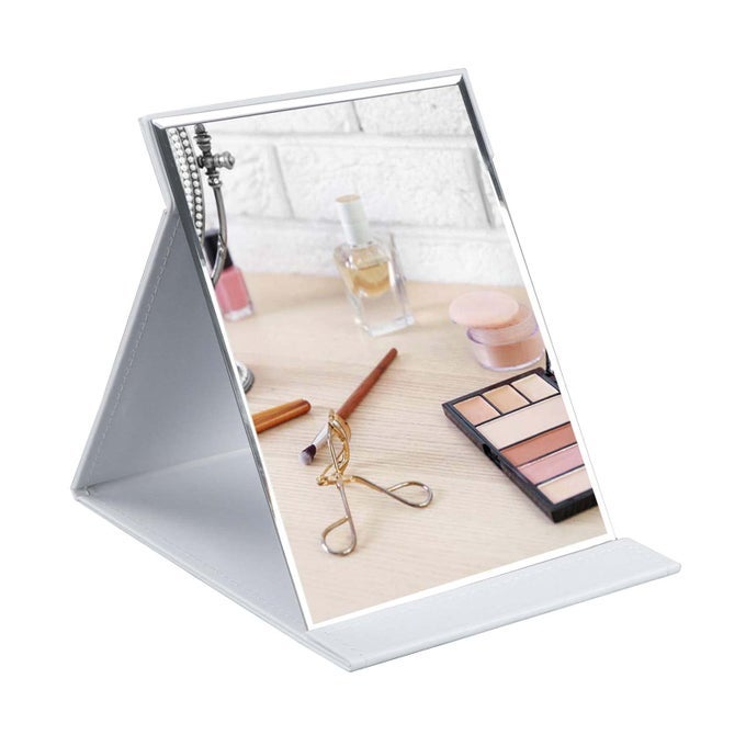 10X7 INCHES PORTABLE FOLDING MAKEUP MIRROR FRAMELESS PU LEATHER DESK MIRROR WITH STAND FOR CAMPING TRAVEL TABLETOP PERSONAL WHITE