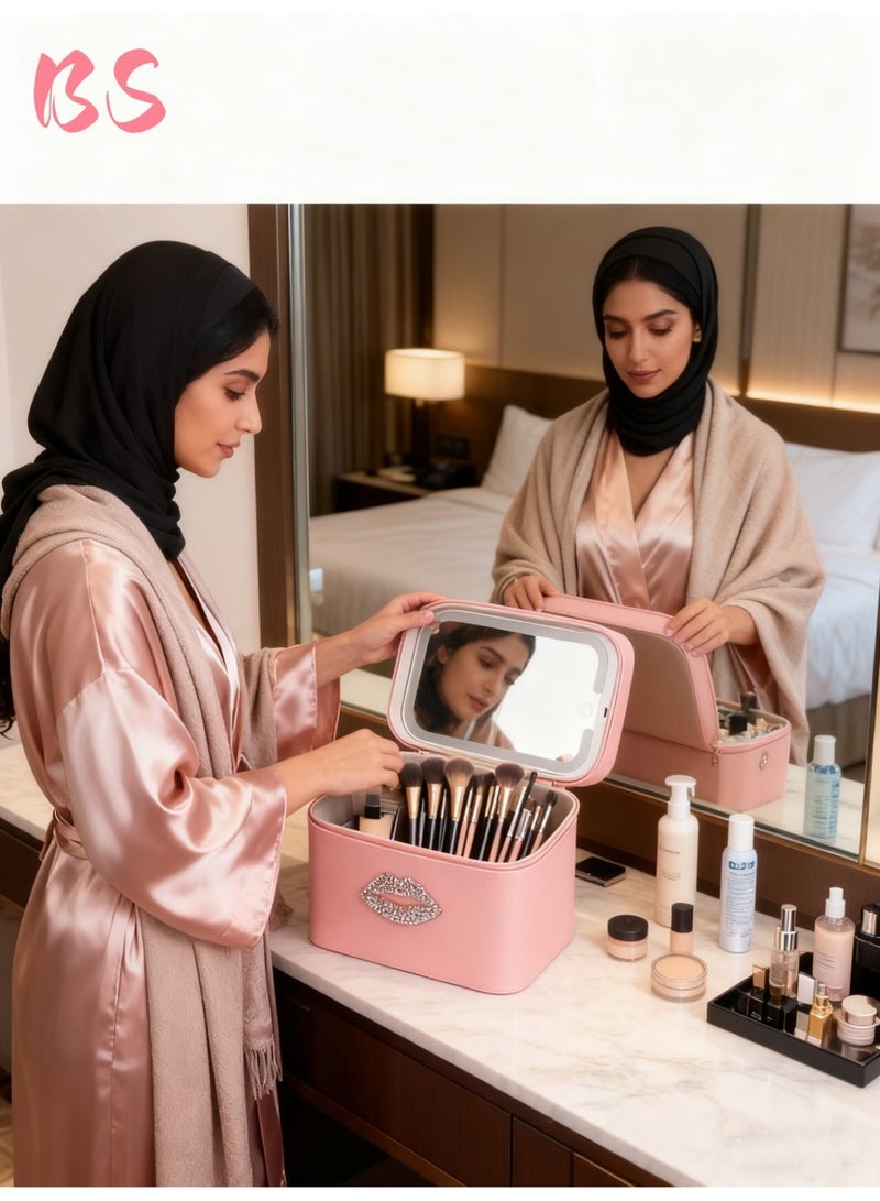 بي إس حقيبة مكياج مزودة بإضاءة LED ومرآة | إضاءة بثلاثة ألوان قابلة للتعديل | مادة PU مقاومة للماء | وظيفة توفير الطاقة | صندوق تخزين مستحضرات تجميل بسعة كبيرة | صندوق تخزين لأدوات وإكسسوارات المكياج النسائية | مناسبة للسفر والاستخدام المنزلي | حقيبة تخزين محمولة - Image 5