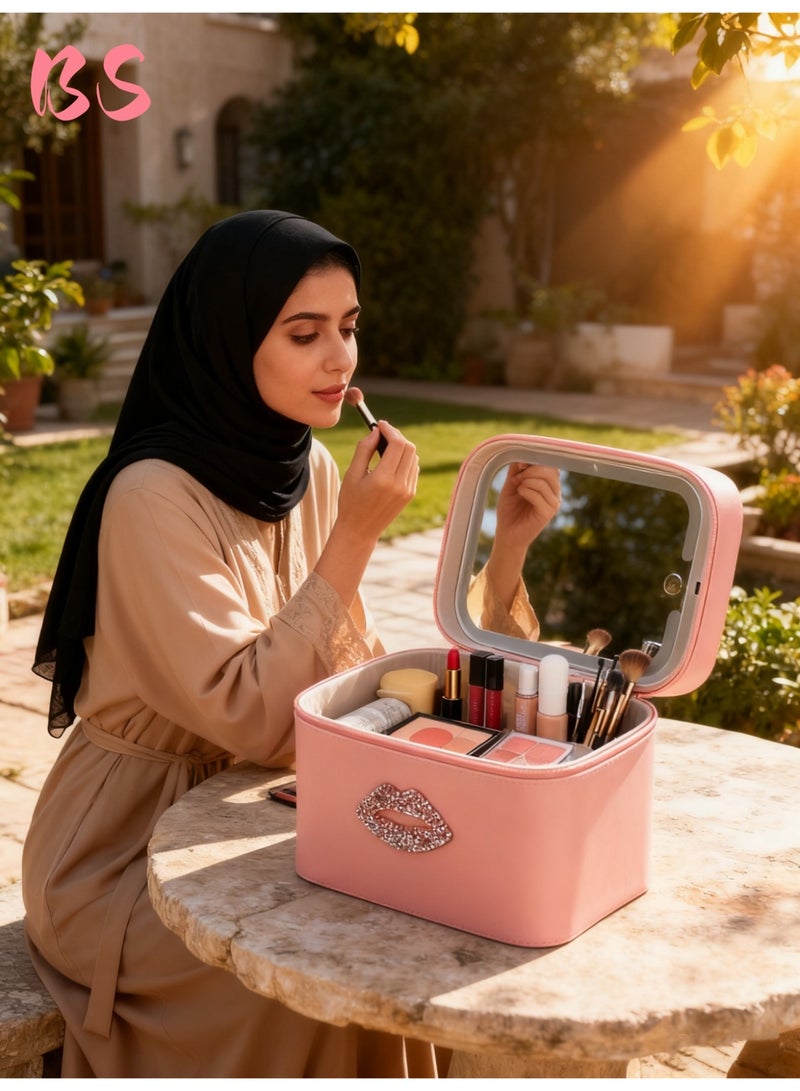 بي إس حقيبة مكياج مزودة بإضاءة LED ومرآة | إضاءة بثلاثة ألوان قابلة للتعديل | مادة PU مقاومة للماء | وظيفة توفير الطاقة | صندوق تخزين مستحضرات تجميل بسعة كبيرة | صندوق تخزين لأدوات وإكسسوارات المكياج النسائية | مناسبة للسفر والاستخدام المنزلي | حقيبة تخزين محمولة - Image 1