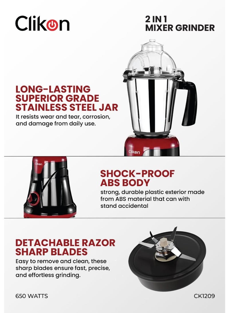 كليكون 2-in-1 Mixer Grinder, Powerful Copper Motor, Made in India - Heavy Duty Indian Blender with 2 Stainless Steel Jars (1L & 100g), Razor Sharp Blades & Overload Protection for Spices, Chutneys & Batters 1 L 650 W CK1209 Black/Red - Image 2