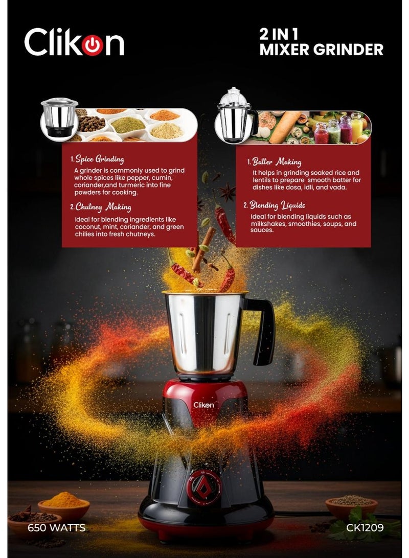 كليكون 2-in-1 Mixer Grinder, Powerful Copper Motor, Made in India - Heavy Duty Indian Blender with 2 Stainless Steel Jars (1L & 100g), Razor Sharp Blades & Overload Protection for Spices, Chutneys & Batters 1 L 650 W CK1209 Black/Red - Image 4