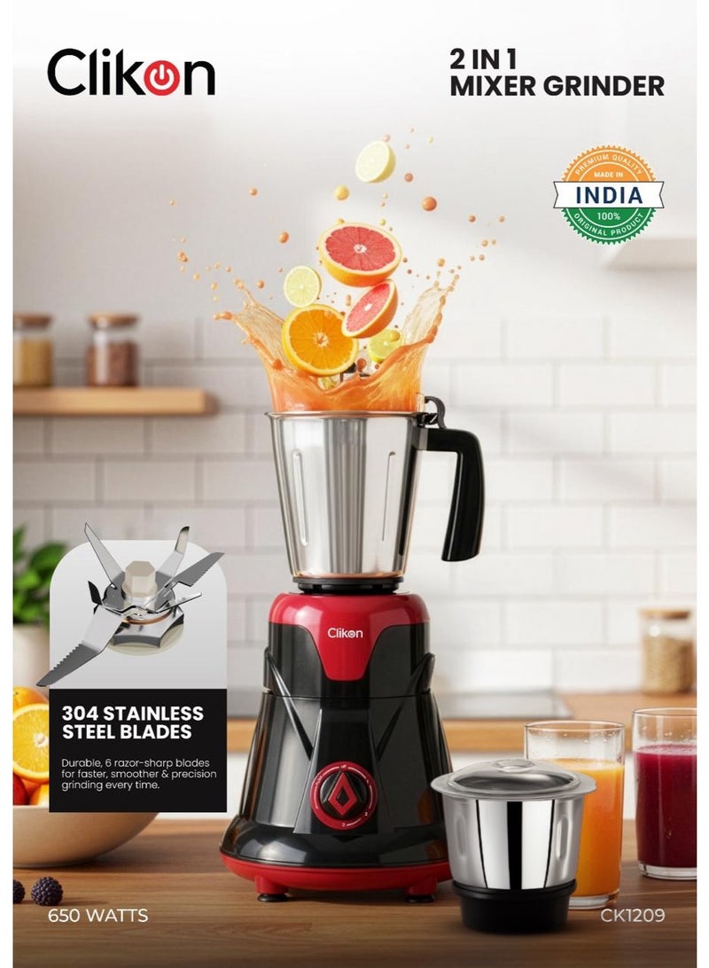 كليكون 2-in-1 Mixer Grinder, Powerful Copper Motor, Made in India - Heavy Duty Indian Blender with 2 Stainless Steel Jars (1L & 100g), Razor Sharp Blades & Overload Protection for Spices, Chutneys & Batters 1 L 650 W CK1209 Black/Red - Image 1