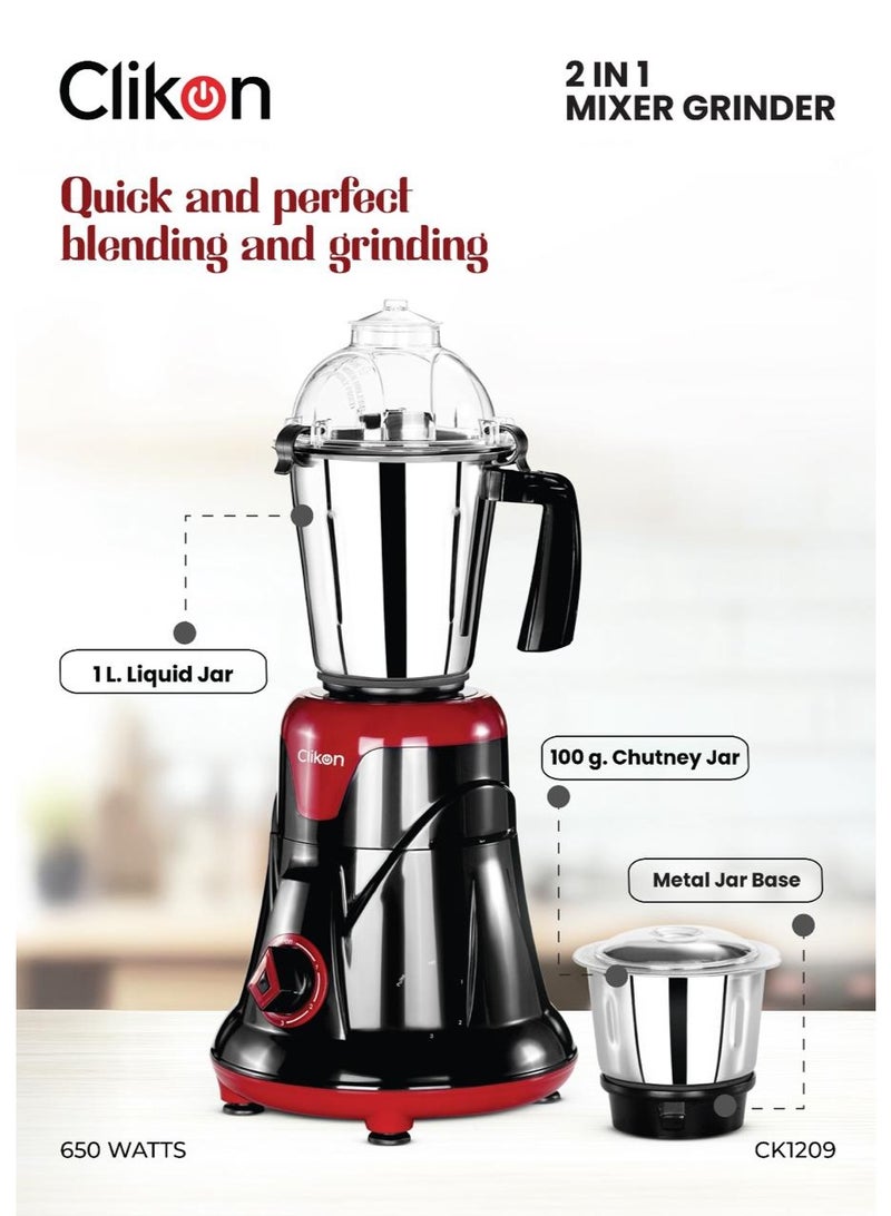 كليكون 2-in-1 Mixer Grinder, Powerful Copper Motor, Made in India - Heavy Duty Indian Blender with 2 Stainless Steel Jars (1L & 100g), Razor Sharp Blades & Overload Protection for Spices, Chutneys & Batters 1 L 650 W CK1209 Black/Red - Image 3