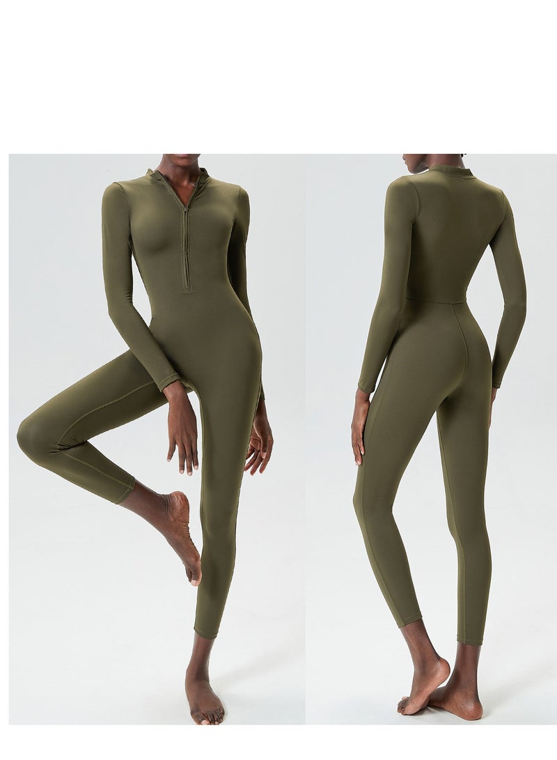 Women's Zipper Tight Fitness Sticky Elastic jumpsuit Quick drying Long Sleeve Open Collar Yoga Dress  - Image 1