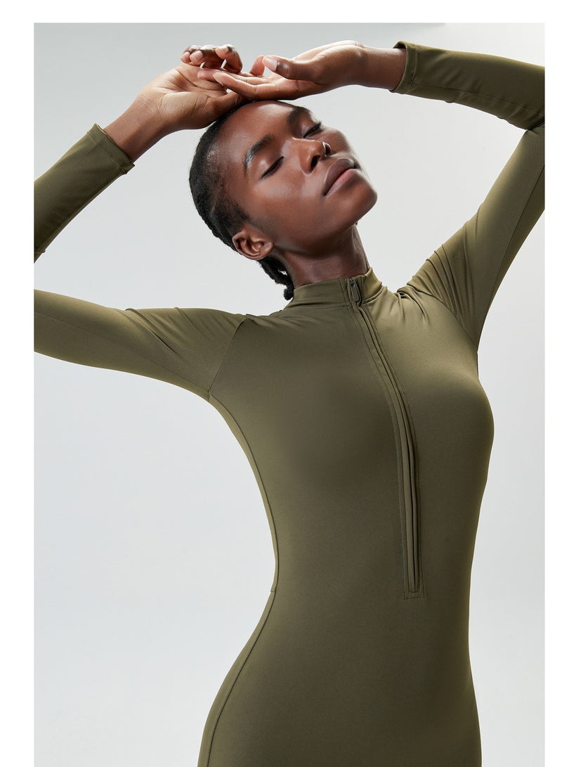 Women's Zipper Tight Fitness Sticky Elastic jumpsuit Quick drying Long Sleeve Open Collar Yoga Dress  - Image 4