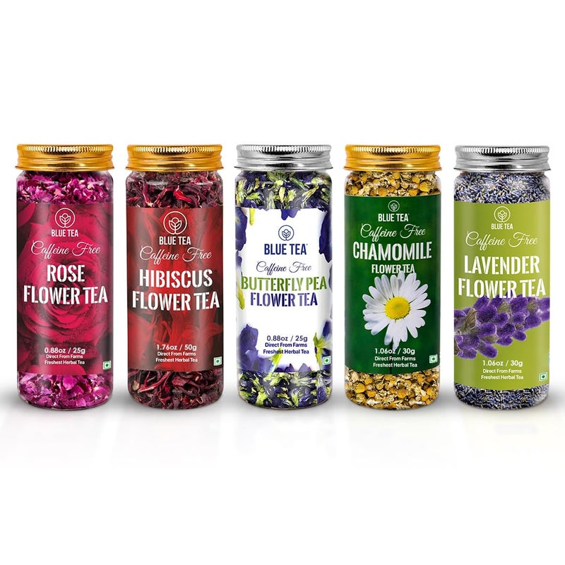 BLUE TEA شاي أزرق - هدية شاي الأعشاب المتناغم (5 شاي زهور - 160غ) | مفاجأة العافية | نكهات زهرية - خالي من الكافيين - شاي أعشاب - غير مرير - طبيعي | مميز في برنامج شارك تانك | مجموعة متنوعة | حزمة هدايا - Image 1