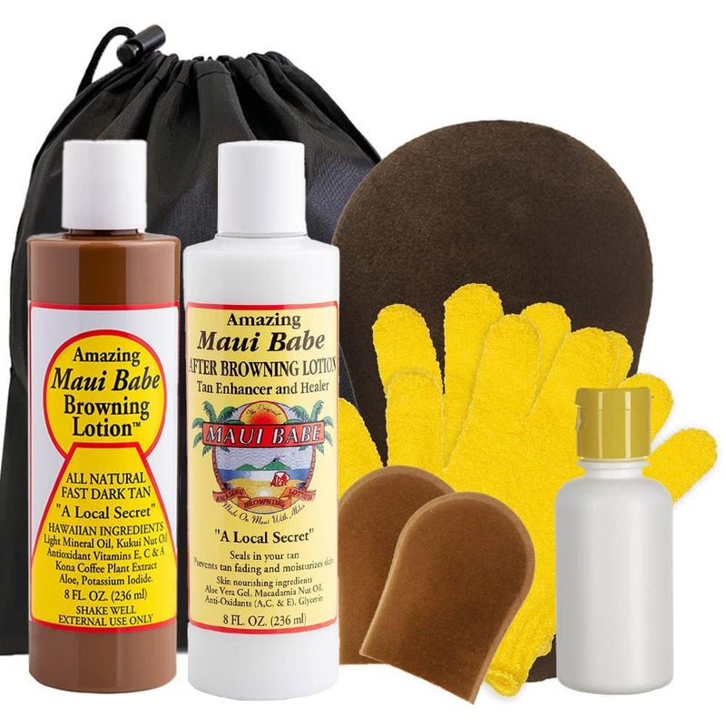 Nautical Crush Trading Maui Babe Browning Lotion 8oz & Maui Babe After Browning Lotion 8oz (9 Pc Deluxe Maui Babe Package) Outdoor Tanner & After Sun Enhancer Lotion Kit with Tanning Mitts, Travel Bottle, Draw String Bag & - Image 1
