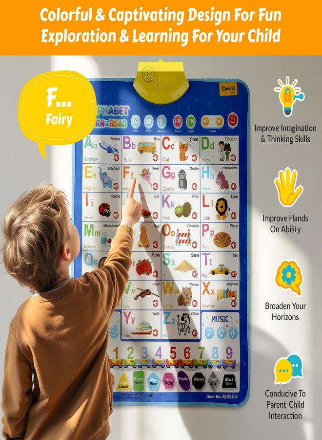 بوكسيكي كيدز لوحة حائط تفاعلية لتعليم الحروف الأبجدية باللغتين الإنجليزية والفرنسية - تتضمن حروف أبجدية ناطقة، و123 حرفًا، وملصقًا موسيقيًا - لعبة تعليمية للأطفال، هدية تعليمية للبنات والأولاد بعمر 3 سنوات فما فوق - Image 2