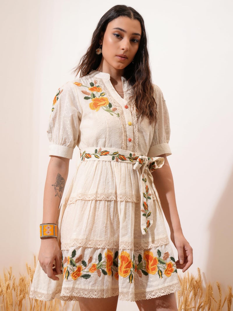 Vishudh Women Mandarin Neck Above The Knee Short Dress VPSD000018 2XL Off White/Yellow - Image 2